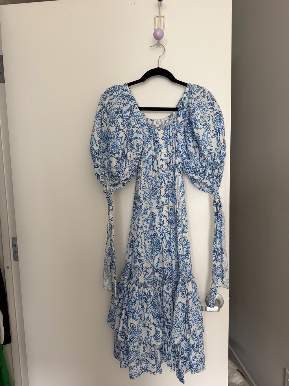 Caroline Constas Blue and White Paisley Puff-Sleeve Midi Dress